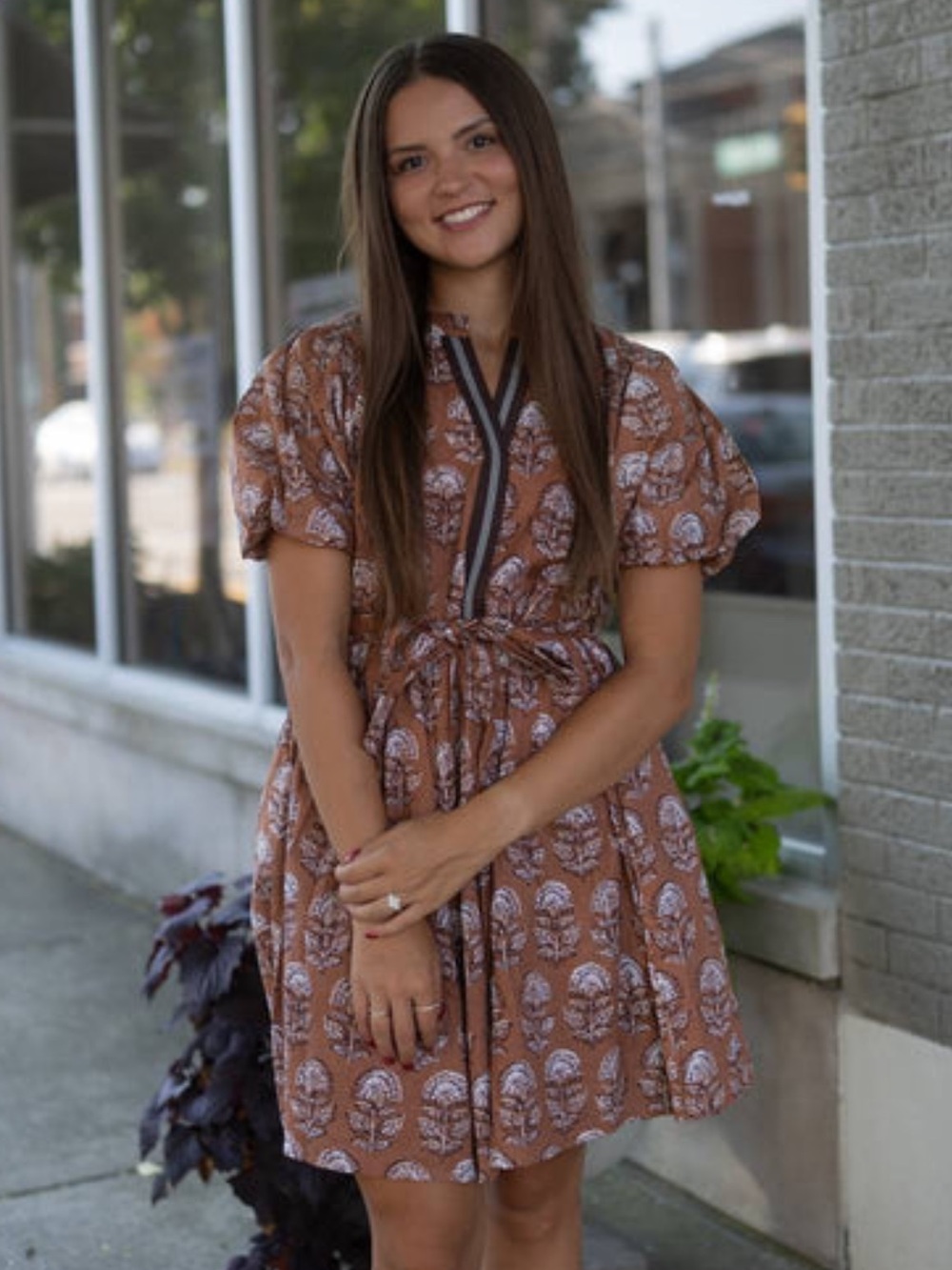 THML Brown Printed Tie-Waist Mini Dress